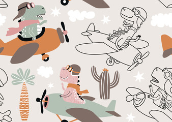 seamless pattern with with Cute dinosaurs flying in airplane. © andin