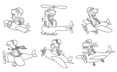 Doodle set of Cute dinosaurs flying in airplane