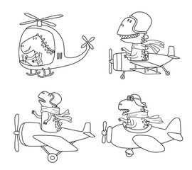 Doodle set of Cute dinosaurs flying in airplane