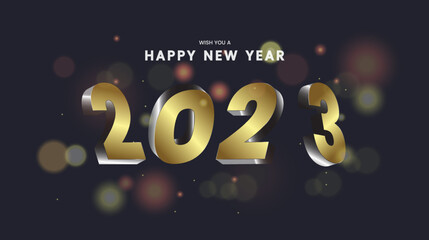 Happy New Year 2023 concept design and Golden 3D numbers with white background.