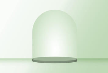 Green Cylinder 3D podium on light green background.  Green 3D stage podium mockup for product placement. Vector Illustration.