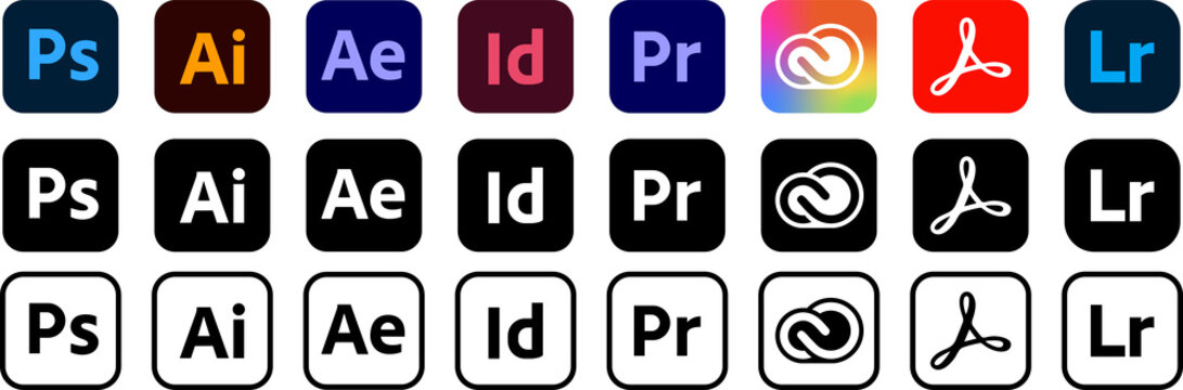 Set of popular Adobe apps icons illustrator, photoshop, creative cloud, after effects, lightroom and etc