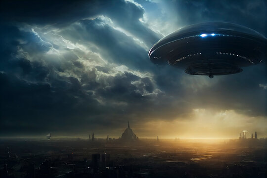 UFO über Stadt - Thema Außerirdische und erster Kontakt oder Aliens