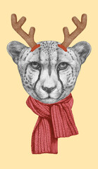 Portrait of Cheetah with Christmas Antlers. Hand-drawn illustration.