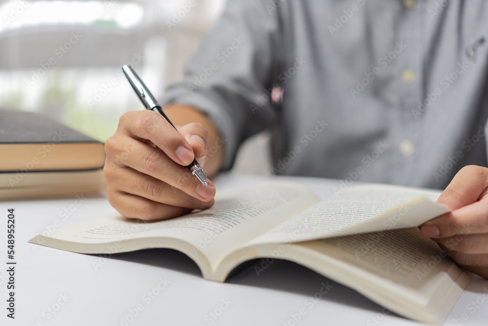 Poster businessperson reading and writing on book.education studying knowledge development and cognition le