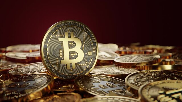 Gold Bitcoin Coin Front to Camera in the center of animation. Shallow depth of field with focus on Solana coin. Many coins around scene.
High quality 3D rendered footage in 4k 3840x2160 resolution.
