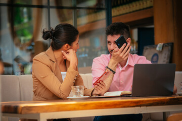 Buainess people talkiing in cafe bar terrace