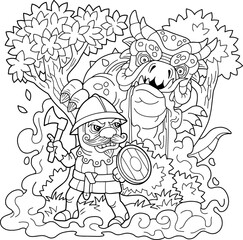 cartoon knight and dragon, coloring book, outline illustration