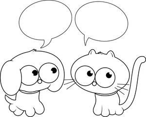 Cartoon pets, a cat and dog. Vector black and white coloring page.