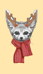 Portrait of Fennec Fox with Christmas Antlers. Hand-drawn illustration