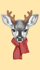Portrait of Fawn with Christmas Antlers. Hand-drawn illustration.