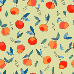 Seamless pattern with hand drawn orange for surface design, posters, illustrations. Healthy vegan food, tropical fruit
