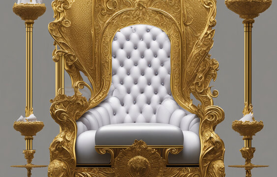 gold throne with a white seat and two golden candles on a gray background with a white background