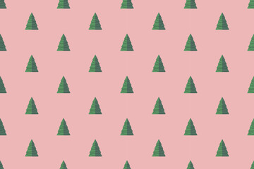 green christmas tree on pink paper art abstract background with sky and line design for Merry christmas, poster card, banners, gift card, christmas concept. Vector illustration. paper cut style.