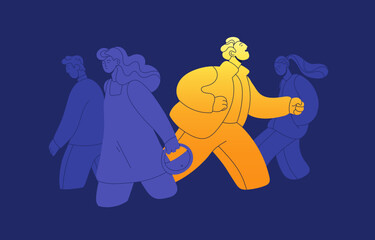 Happy positive person with high energy among sad ordinary crowd of people. Outstanding excited inspired enthusiastic man in good mood. Energetic active character, inspiration. Flat vector illustration