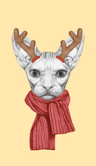 Obraz premium Portrait of Sphynx cat with Christmas Antlers. Hand-drawn illustration.