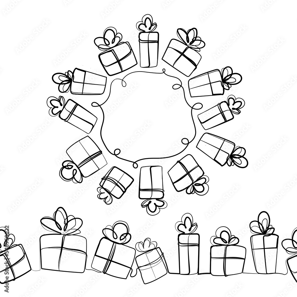 Poster gift boxes design elements set for holiday decoration.round frame with gifts and seamless border pat