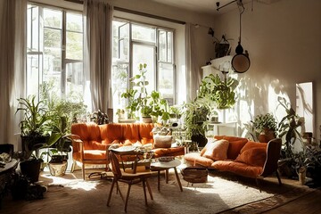 Fototapeta premium Scandinavian and rustic stlyle living room interior illustration