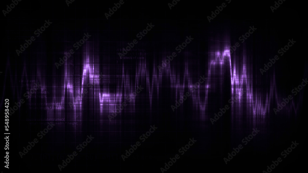 Poster audio wave simulation, medical research on a computer screen. motion. colorful pulsating signal on a