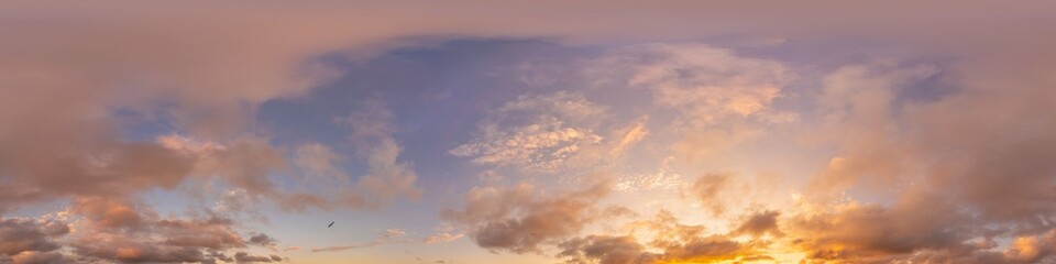 Dark blue sunset sky panorama with pink Cumulus clouds. Seamless hdr 360 panorama in spherical...