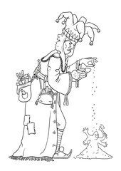 Evil wizard with his creature. Coloring page with the magician. Coloring template with Frankenstein.
