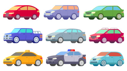 Colorful car illustration set. Flat style automobile collection. Urban automobiles, pickup, taxi, police car illustrations.  © Gexam