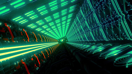Flying inside sci fi tunnel with glowing lights. Motion. Technological corridor, alien technologies.