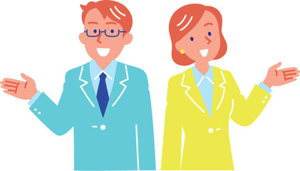どうぞと案内をするスーツ姿のビジネスマン男女　セット
