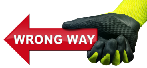 Hand with protective work glove, holding a Wrong Way Road Sign, English language, isolated on white or transparent background, photography, red arrow, png.