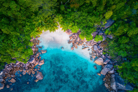 Drone View Over Secluded Beach On Anze Lazio, Seychelles