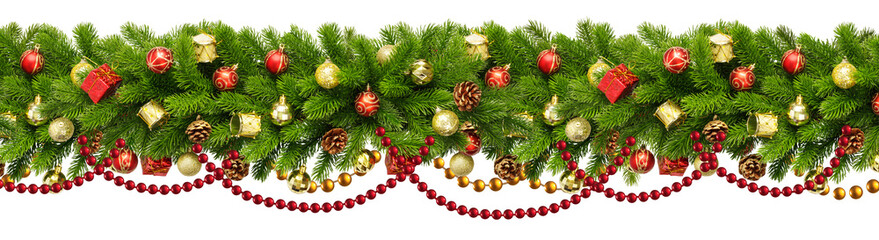 Christmas Border frame of tree branches isolated. Christmas garland.