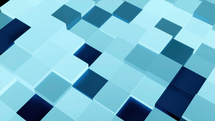 Digital animation of blue rectangles moving through screen. Design. Waves of moving up and down cubes.
