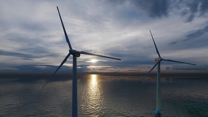 Closeup Wind power station. Wind generators stand in ocean. Wonderful landscape shot from a great height. Modern green energy. Aerial view. 3d rendering.