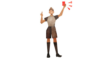 レッドカードを出すサッカーの東南アジア人女性審判員。水彩風背景透過イラスト。