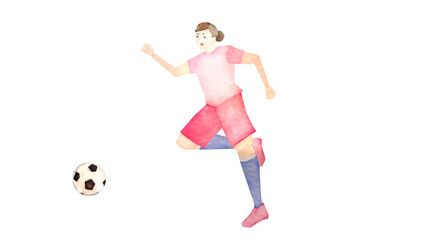 サッカーをするアジア人女性の水彩風背景透過イラスト - obrazy, fototapety, plakaty