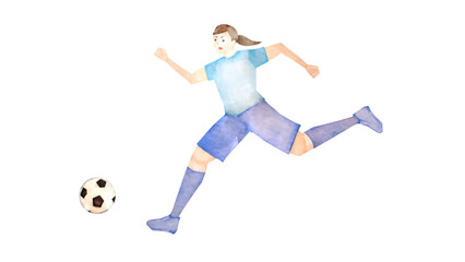 サッカーをするアジア人女性の水彩風背景透過イラスト