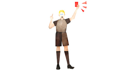 レッドカードを出すサッカーの白人男性審判員。水彩風背景透過イラスト。