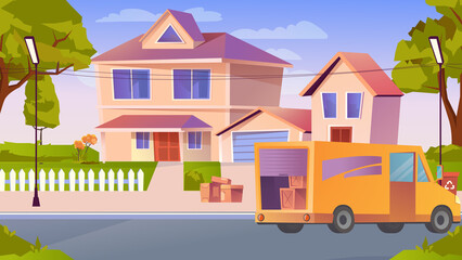 Obraz na płótnie Canvas Moving to new home concept in flat cartoon design. Huge suburban house on street, truck with cardboard boxes. Relocation to new apartment and transportation of things. Illustration background