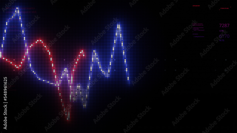 Poster graph lines in monitor image. motion. business diagram with neon lines. pixel image of moving glowin