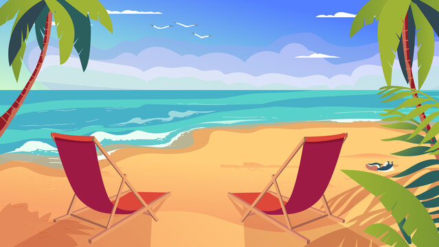 Sea view concept in flat cartoon design. Sun loungers is on beach under palm trees scenery. Rest on tropical island, travel to exotic seaside resort. Seascape shore. Illustration background