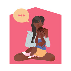 Mom Comforting Crying Little Child Supporting and Talking to Him Vector Illustration