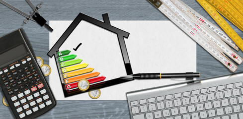 House energy efficiency rating. Small black model house on desk with energy efficiency graph,...
