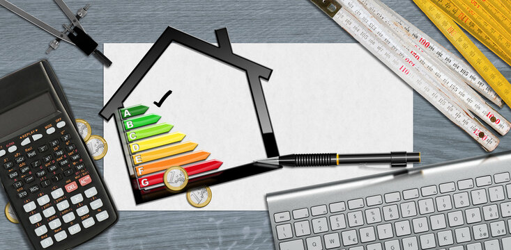 House energy efficiency rating. Small black model house on desk with energy efficiency graph, calculator, folding ruler, drawing compass, pencil and a computer keyboard and copy space.