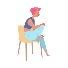 Unhappy Teenage Girl with Pink Hair Sitting on Chair Feeling Sad and Depressed Vector Illustration