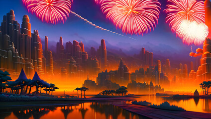  Art illustration of colorful fireworks over the city skyline on a New Year Eve / Silvester 