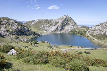 Lago Enol seen from La Picota, Lakes of Covadonga, Picos de Europa National Park, Asturias, Spain