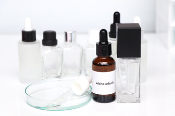 Alpha arbutin in a bottle, chemical ingredient in beauty product