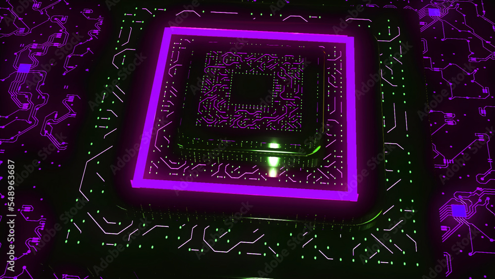 Poster animation with large 3d computer chip. motion. neon computer chip with connection lines. pyramid of 