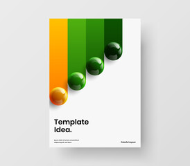 Minimalistic journal cover A4 vector design layout. Vivid 3D spheres annual report illustration.