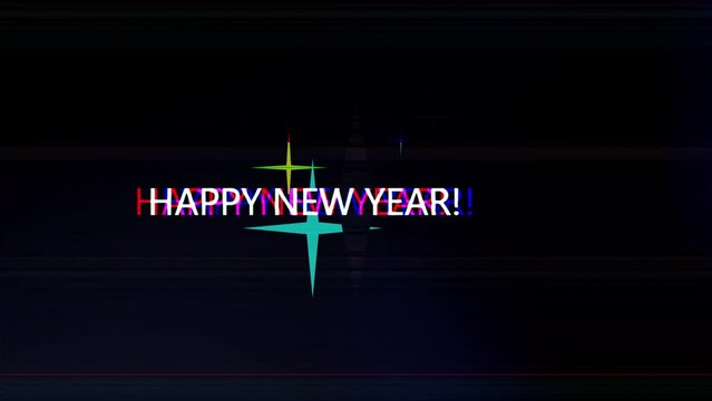 Happy new year text animation with glitch effect and color. Short video to welcome the new year